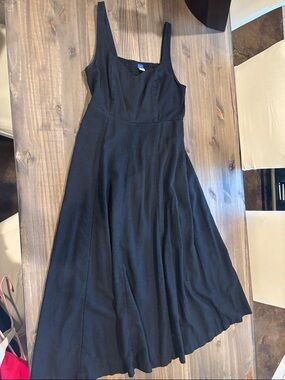 Black Linen-Blend Midi Dress
